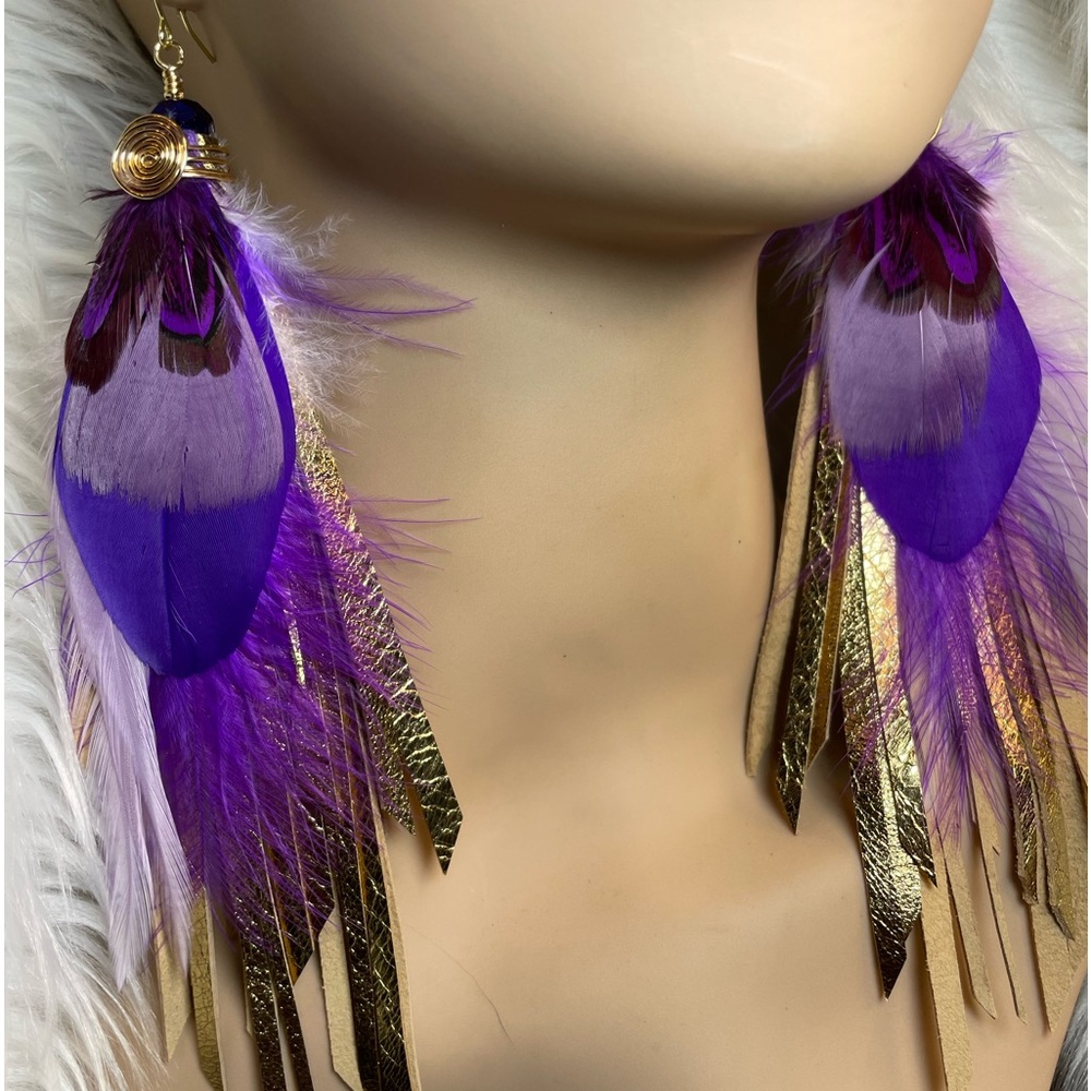 Gold Foiled Genuine Leather Fringe Purple Feather Earrings - Picture 8 of 15
